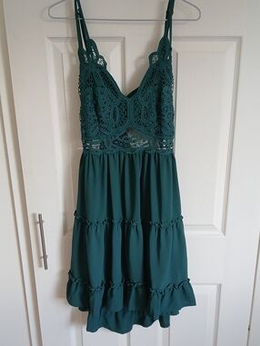 Main Strip Teal Crochet Bodice Tiered Mini Dress